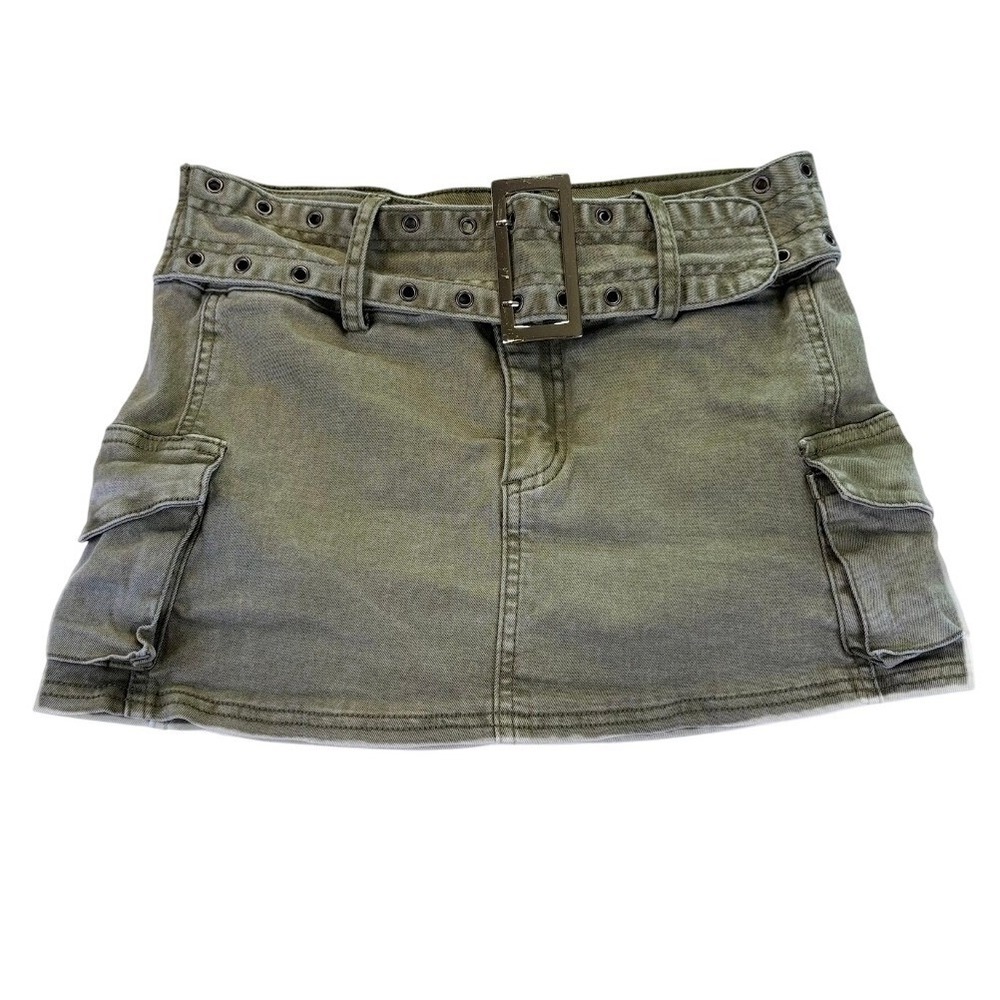 ANWND Womens Olive Green Cargo Mini Skirt Grommet Belt Utility Y2K S Indiesleaze